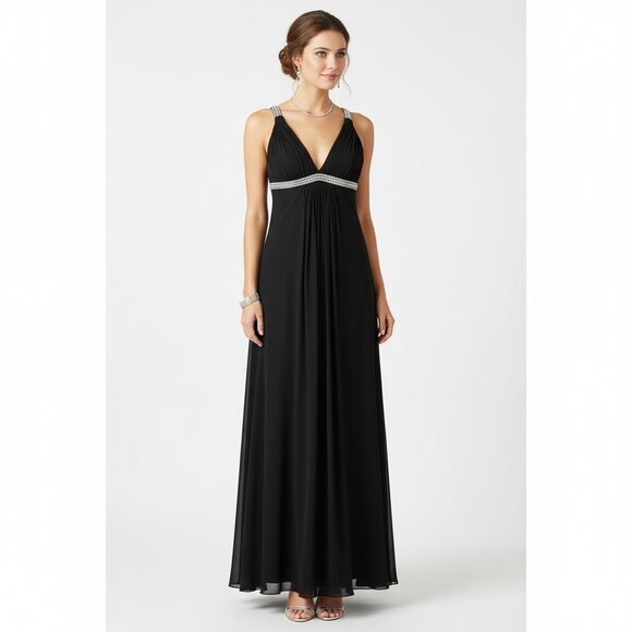 La Femme Black Embellished Empire Waist Sleeveless Halter Maxi Long Formal Dress - Picture 1 of 10